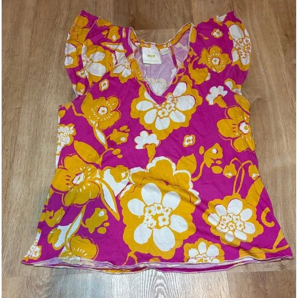 Mauve Anthropologie Pink Yellow Floral V Neck Organic Cotton T Shirt Top L - Picture 1 of 5